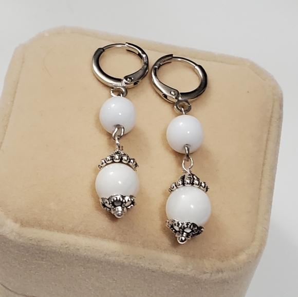 Upcycled White Opal Dangle Hoop Earrings - Picture 3 of 6